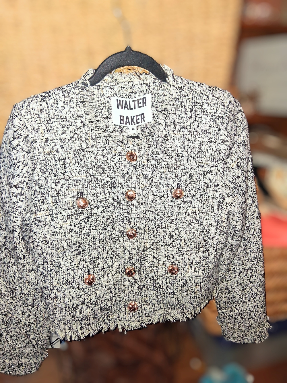 Walter Baker Black and White Tweed Cropped Blazer with Rose Gold Buttons